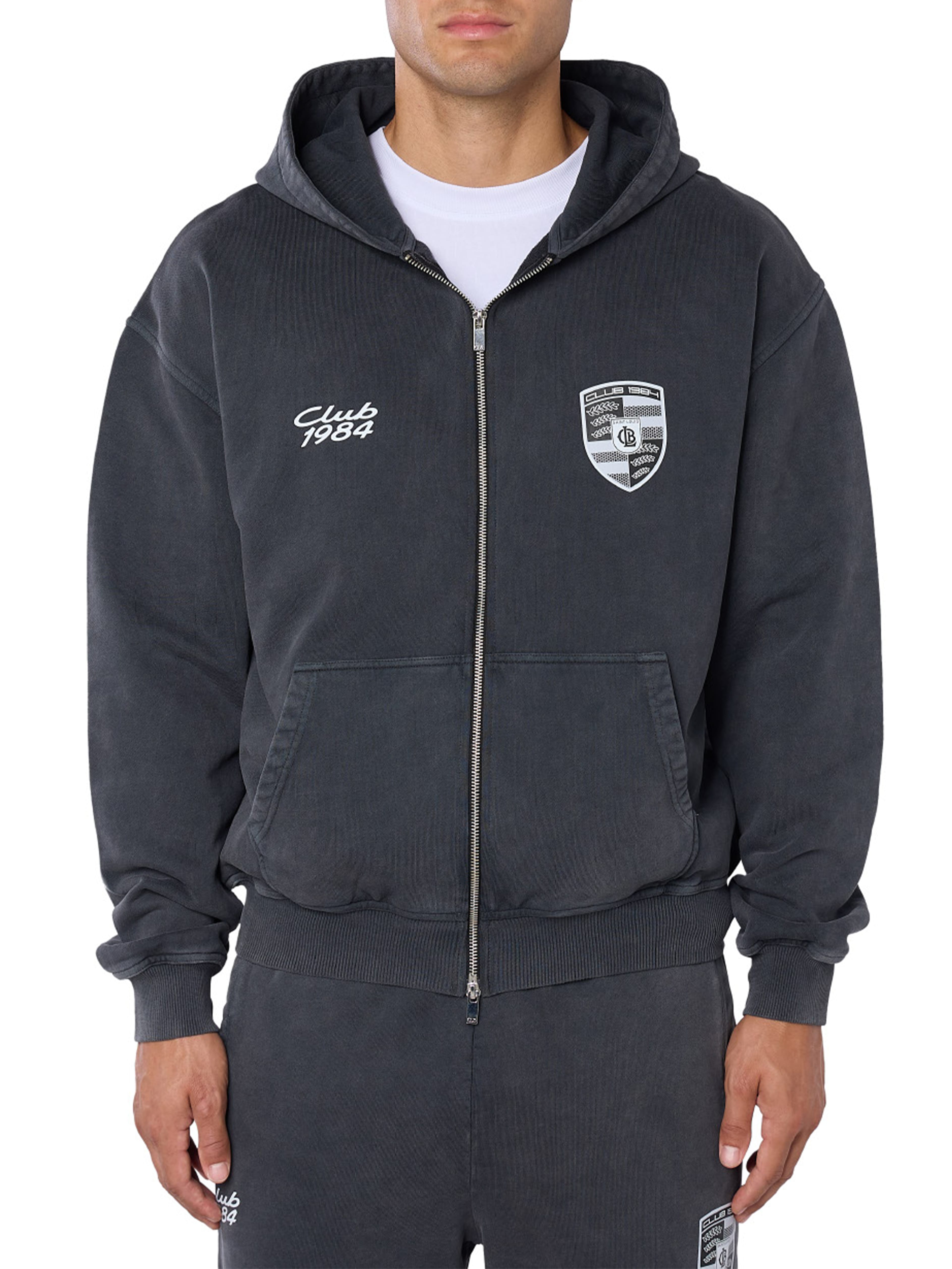 CLUB 1984. 911 Zip Through Hoodie - Washed Grey Hoodie
