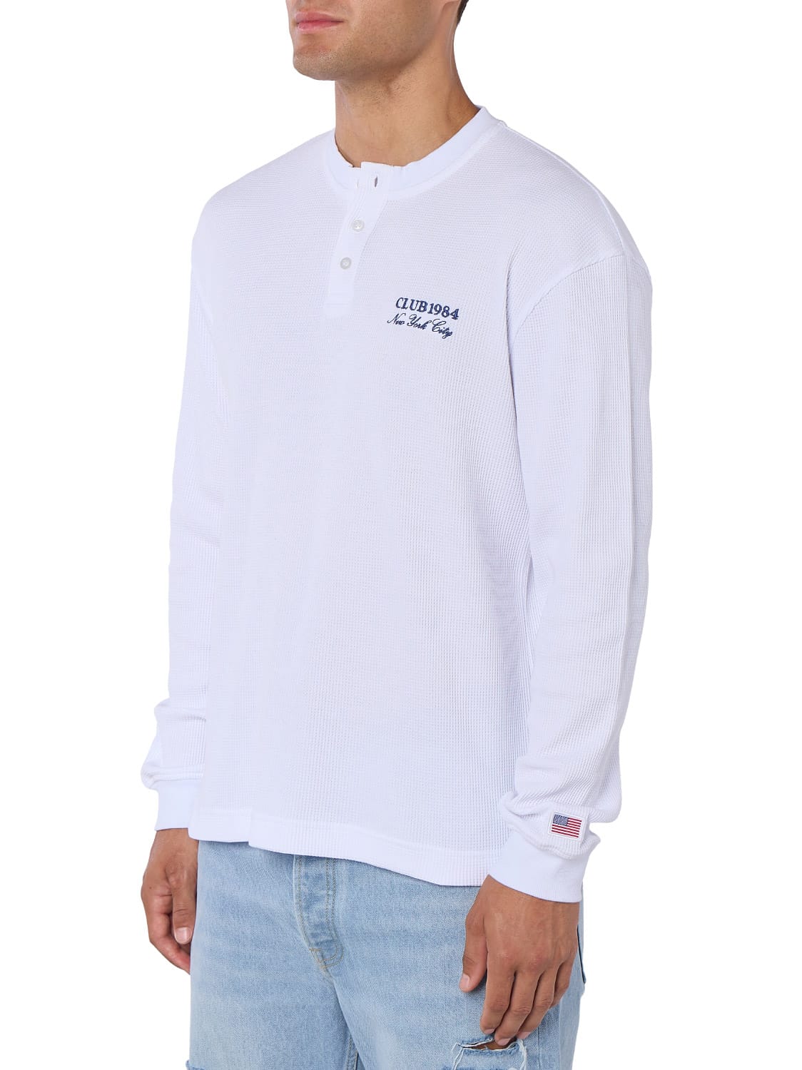 CLUB 1984. Bronx Waffle LS Henley - White T-Shirt