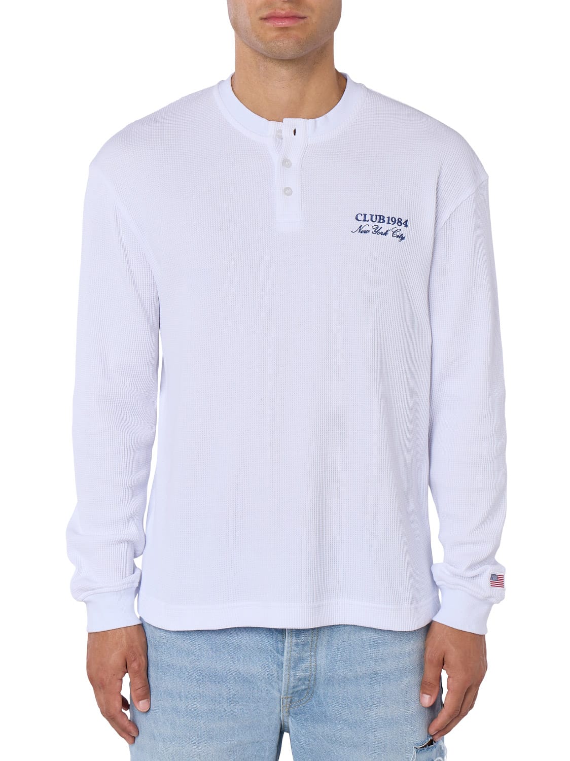 CLUB 1984. Bronx Waffle LS Henley - White T-Shirt