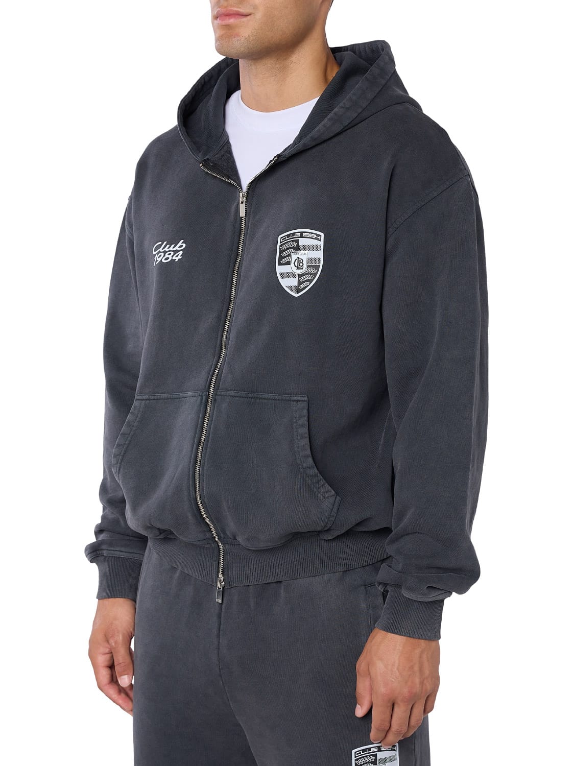 CLUB 1984. 911 Zip Through Hoodie - Washed Grey Hoodie