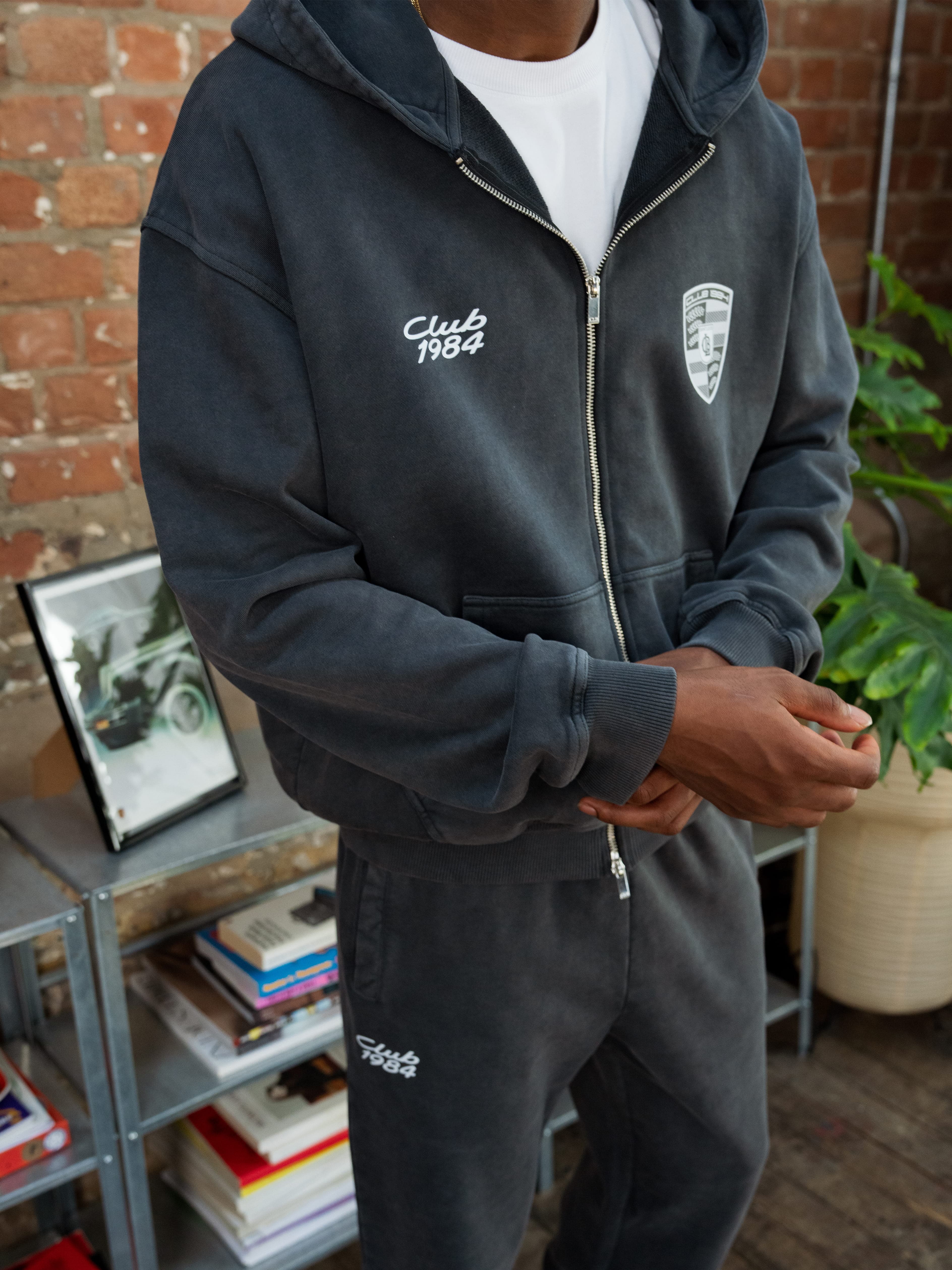 CLUB 1984. 911 Zip Through Hoodie - Washed Grey Hoodie