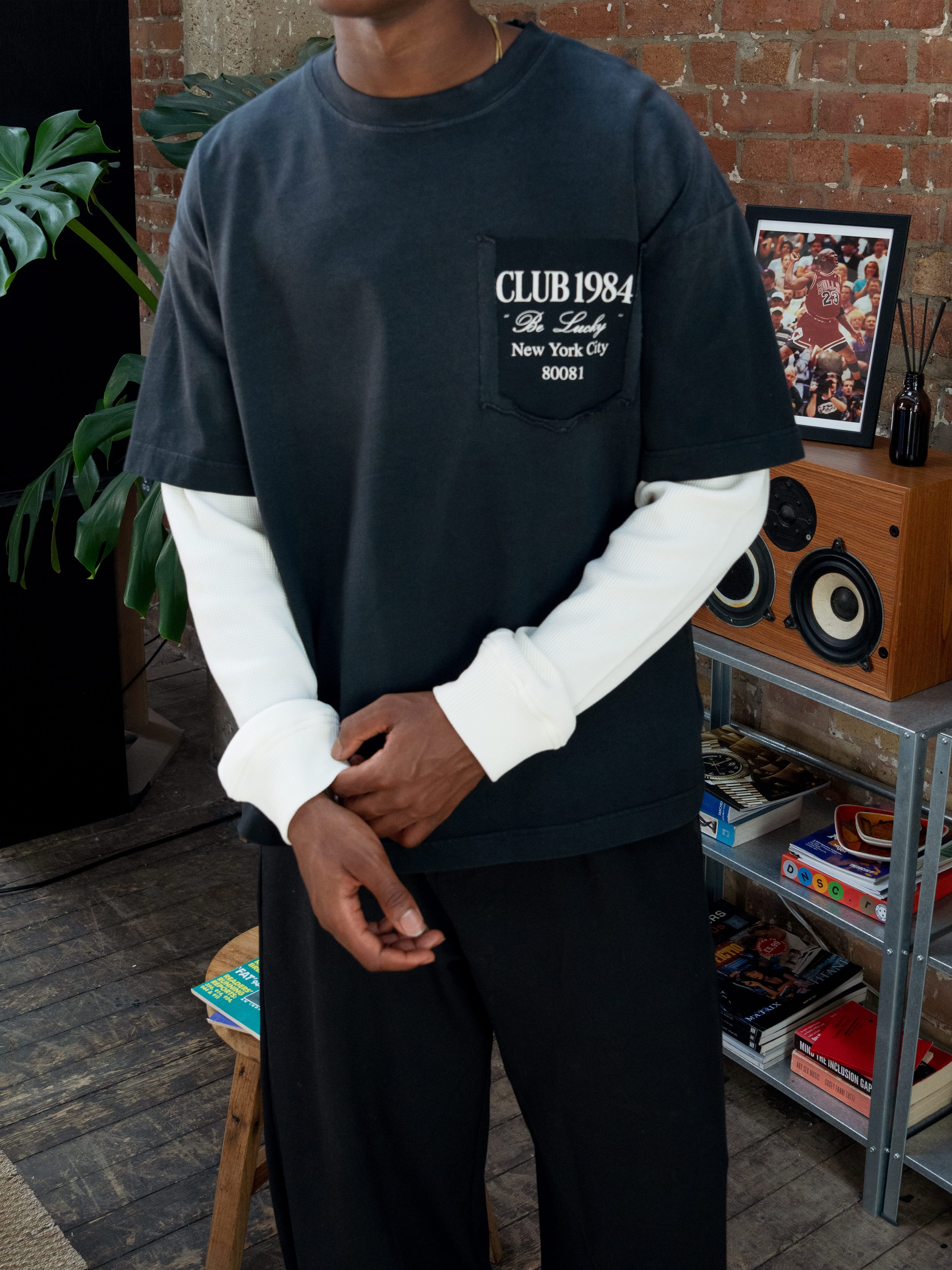CLUB 1984. Be Lucky Waffle LS T-shirt - Washed Black T-Shirt