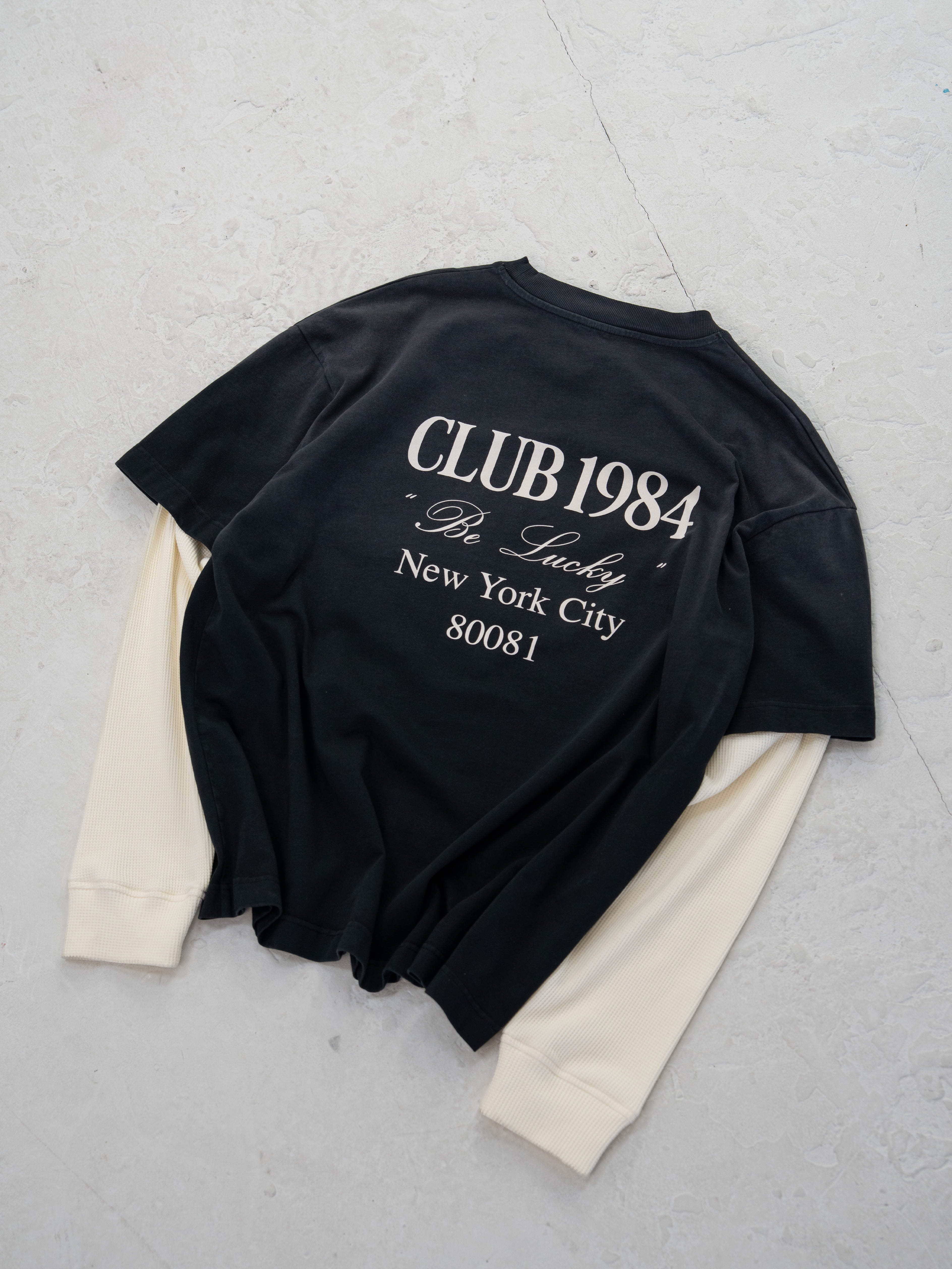 CLUB 1984. Be Lucky Waffle LS T-shirt - Washed Black T-Shirt