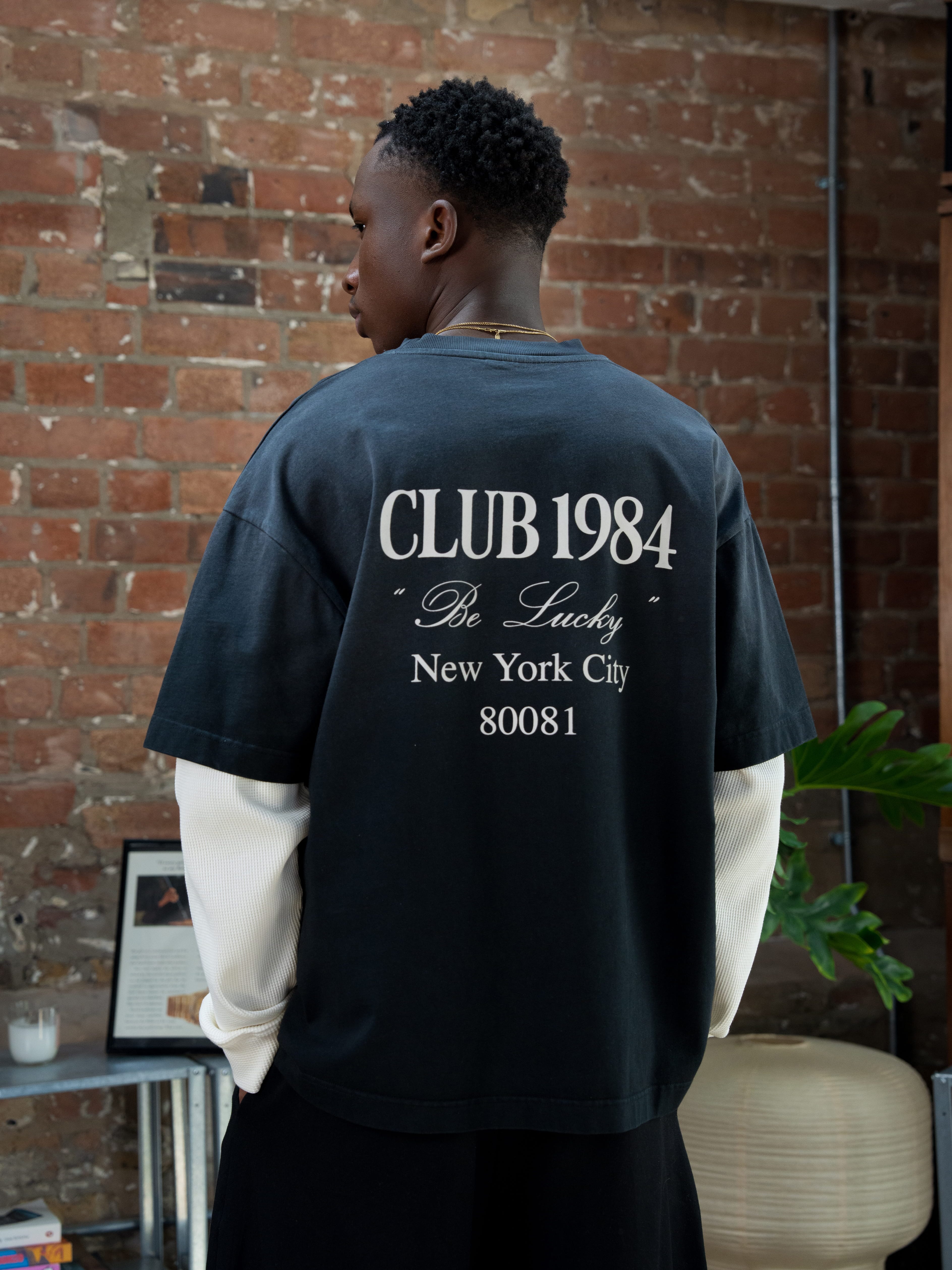 CLUB 1984. Be Lucky Waffle LS T-shirt - Washed Black T-Shirt