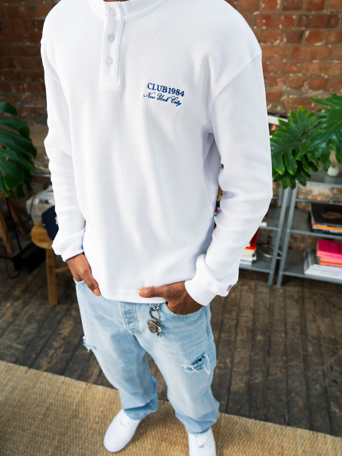 Bronx Waffle LS Henley - White