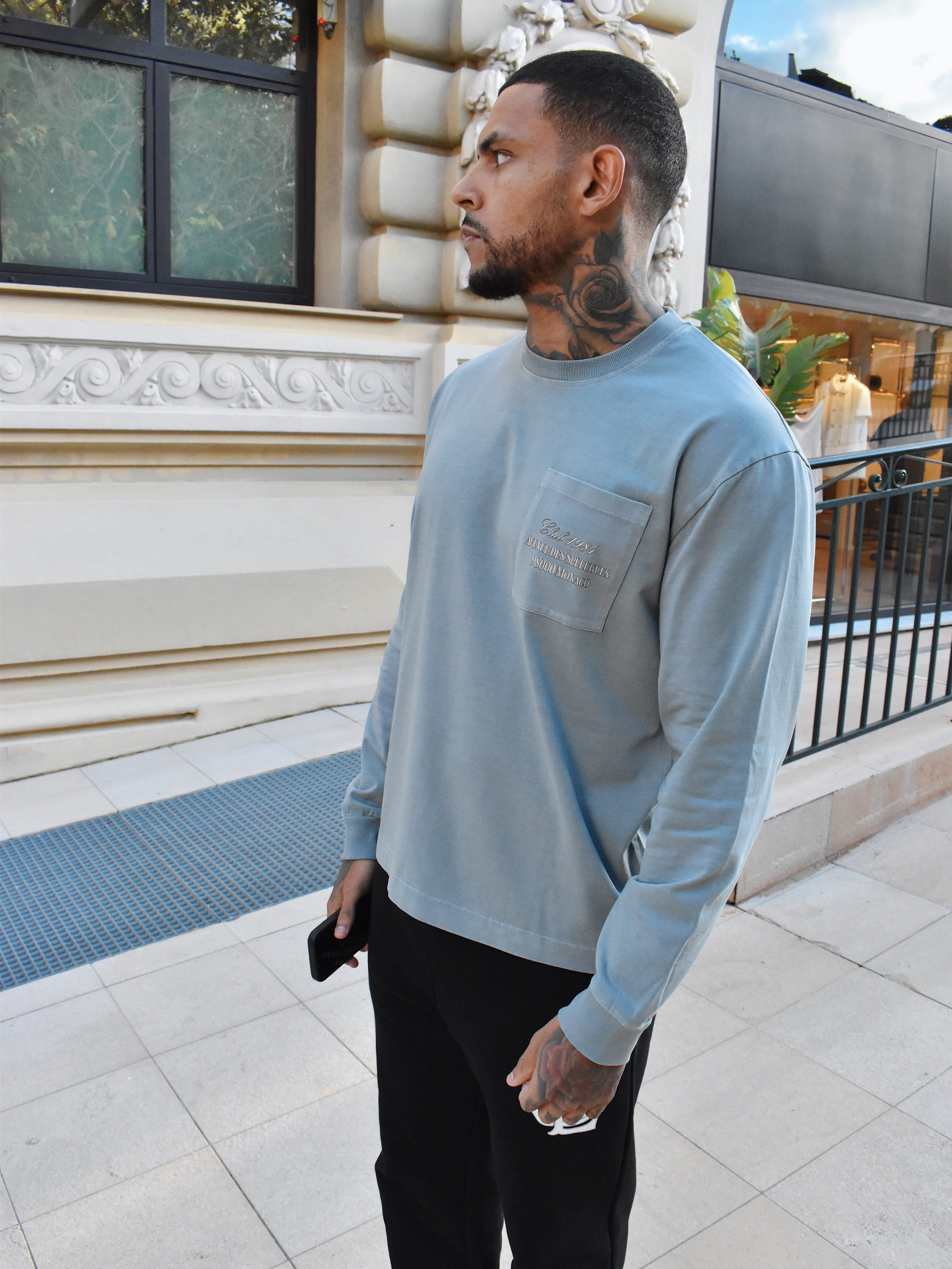 CLUB 1984. Monaco Script Pocket LS T-shirt - Washed Light Grey T-Shirt